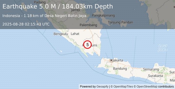 Earthquake Southern Sumatra, Indonesia (5.0 M) (2025-08-28 02:15:43 UTC)