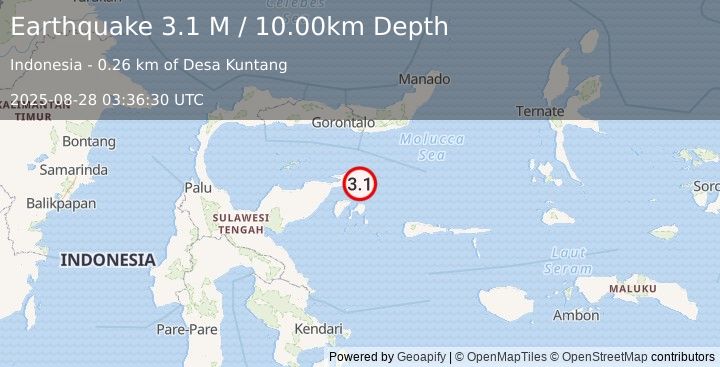 Earthquake Minahassa Peninsula, Sulawesi (3.1 M) (2025-08-28 03:36:30 UTC)