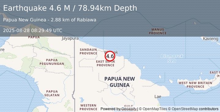Earthquake Near North Coast of Papua New Guinea (4.6 M) (2025-08-28 08:29:49 UTC)