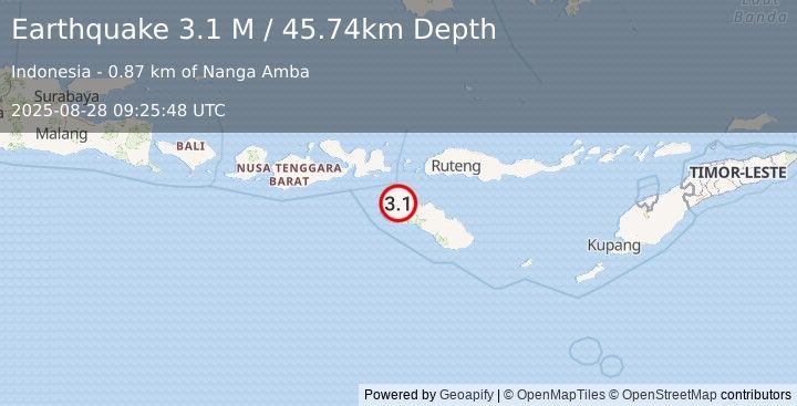 Earthquake Sumba Region, Indonesia (3.1 M) (2025-08-28 09:25:48 UTC)