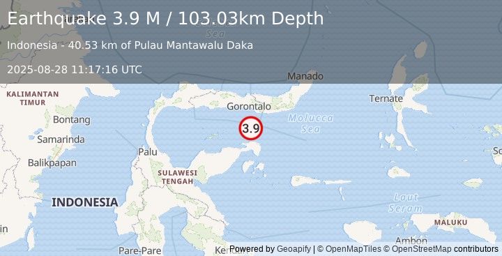 Earthquake Minahassa Peninsula, Sulawesi (3.9 M) (2025-08-28 11:17:16 UTC)