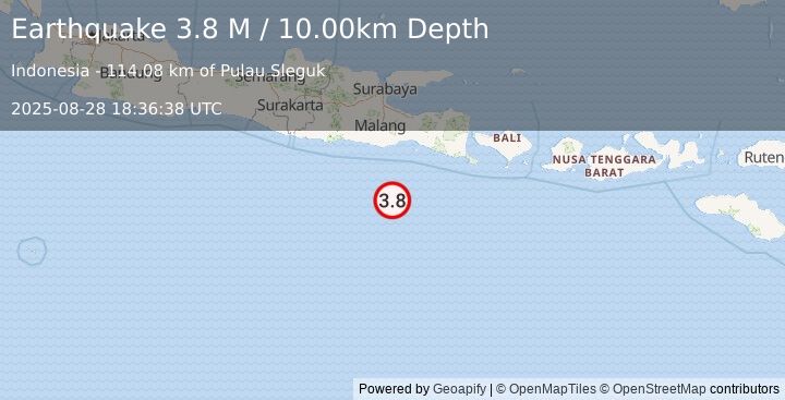 Earthquake South of Java, Indonesia (3.8 M) (2025-08-28 18:36:38 UTC)