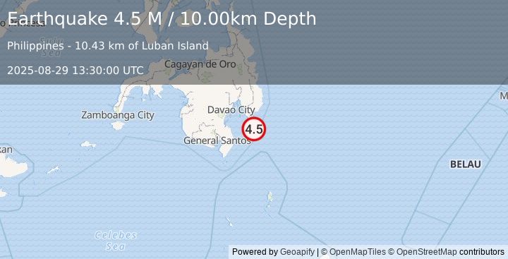 Earthquake Mindanao, Philippines (4.5 M) (2025-08-29 13:30:01 UTC)