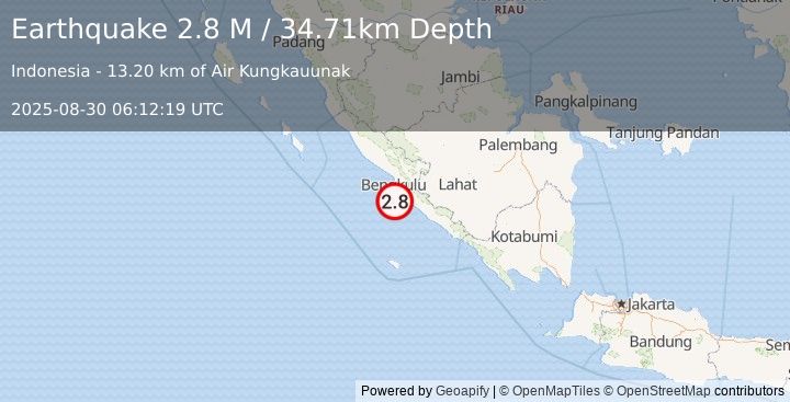 Earthquake Southern Sumatra, Indonesia (2.8 M) (2025-08-30 06:12:19 UTC)