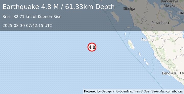 Earthquake Southwest of Sumatra, Indonesia (4.7 M) (2025-08-30 07:42:22 UTC)