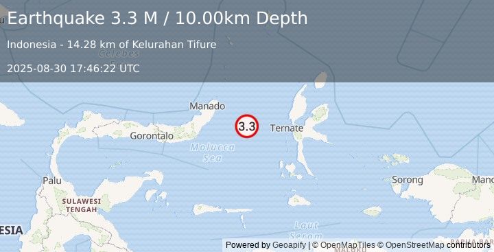 Earthquake Northern Molucca Sea (3.3 M) (2025-08-30 17:46:22 UTC)