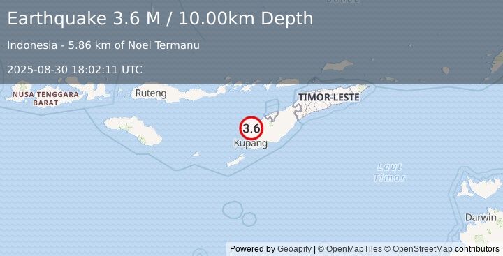 Earthquake Timor Region (3.6 M) (2025-08-30 18:02:11 UTC)