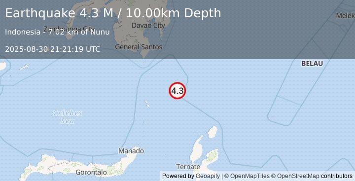 Earthquake Talaud Islands, Indonesia (4.3 M) (2025-08-30 21:21:19 UTC)