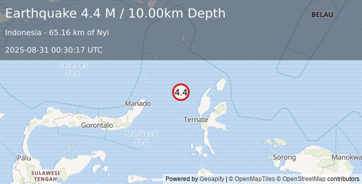 Earthquake Northern Molucca Sea (4.4 M) (2025-08-31 00:30:17 UTC)