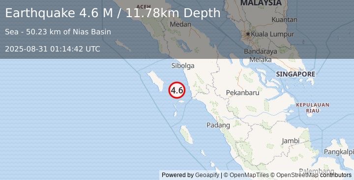 Earthquake Northern Sumatra, Indonesia (4.6 M) (2025-08-31 01:14:44 UTC)