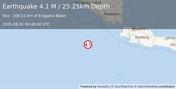 Earthquake Southwest of Sumatra, Indonesia (4.1 M) (2025-08-31 04:48:40 UTC)