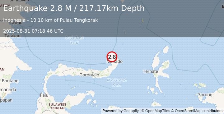 Earthquake Minahassa Peninsula, Sulawesi (2.8 M) (2025-08-31 07:18:46 UTC)