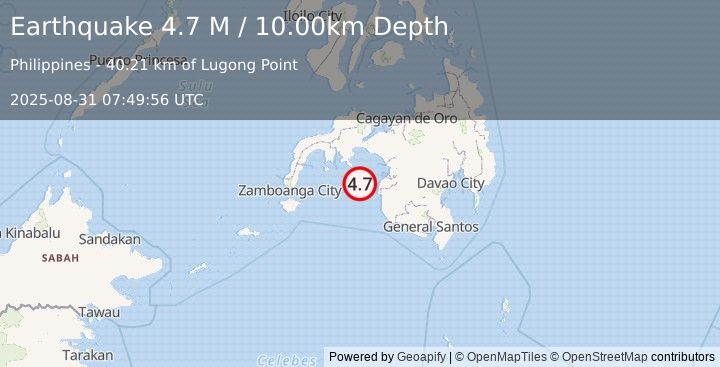 Earthquake Mindanao, Philippines (4.8 M) (2025-08-31 07:49:59 UTC)