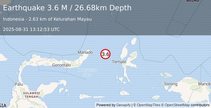 Earthquake Northern Molucca Sea (3.6 M) (2025-08-31 13:12:53 UTC)