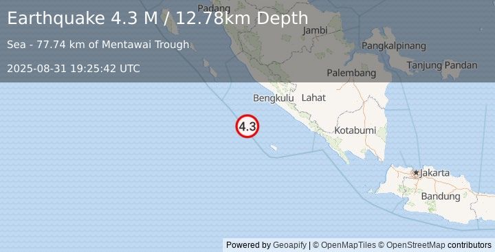 Earthquake Southern Sumatra, Indonesia (4.3 M) (2025-08-31 19:25:42 UTC)