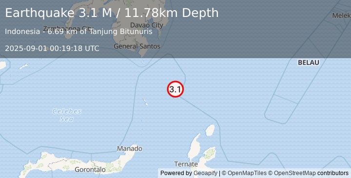 Earthquake Talaud Islands, Indonesia (3.1 M) (2025-09-01 00:19:18 UTC)
