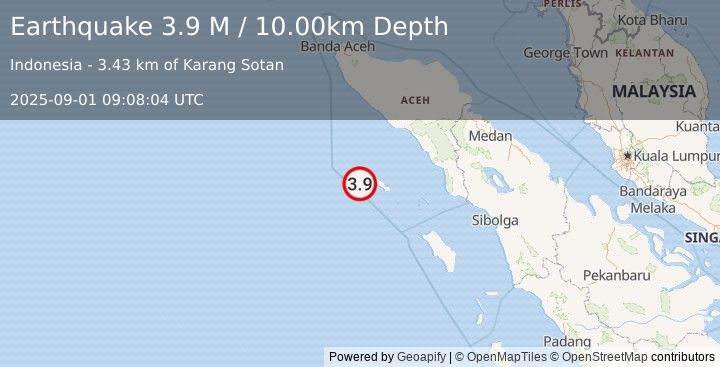 Earthquake Off West Coast of Northern Sumatra (3.8 M) (2025-09-01 09:08:03 UTC)