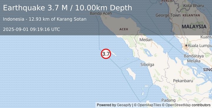 Earthquake Off West Coast of Northern Sumatra (3.7 M) (2025-09-01 09:19:16 UTC)