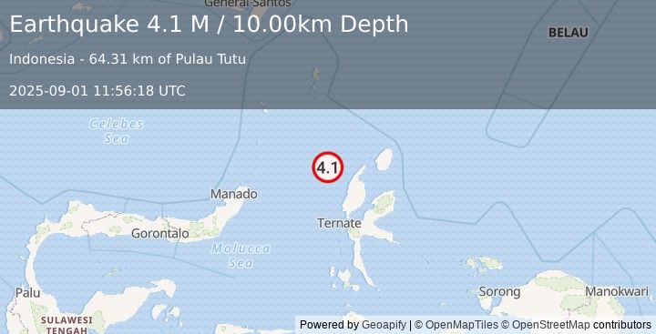 Earthquake Northern Molucca Sea (4.1 M) (2025-09-01 11:56:18 UTC)
