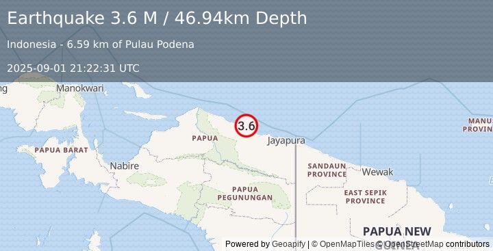 Earthquake Near North Coast of West Papua (3.6 M) (2025-09-01 21:22:31 UTC)
