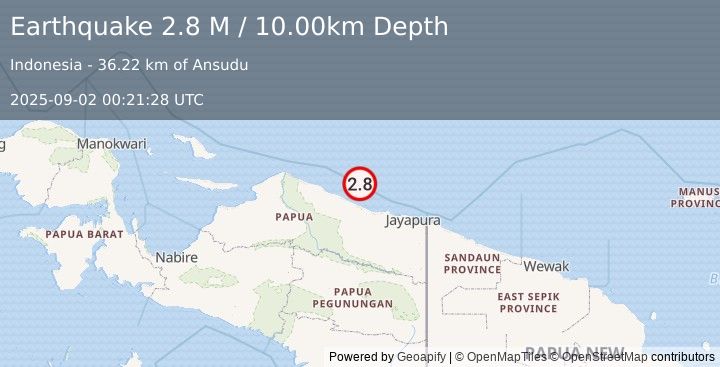 Earthquake Near North Coast of West Papua (2.8 M) (2025-09-02 00:21:28 UTC)