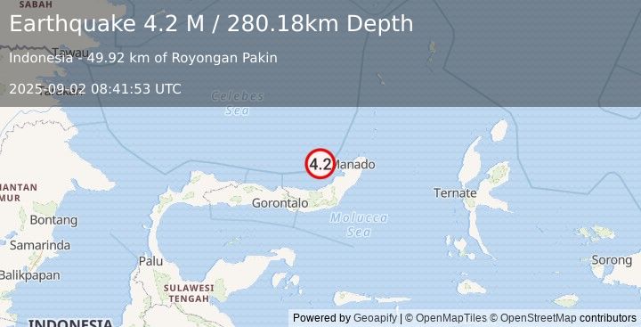 Earthquake Minahassa Peninsula, Sulawesi (4.2 M) (2025-09-02 08:41:53 UTC)