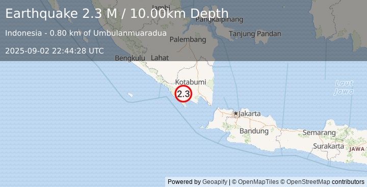 Earthquake Southern Sumatra, Indonesia (2.3 M) (2025-09-02 22:44:28 UTC)