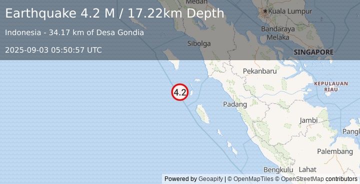 Earthquake Southwest of Sumatra, Indonesia (4.2 M) (2025-09-03 05:50:57 UTC)