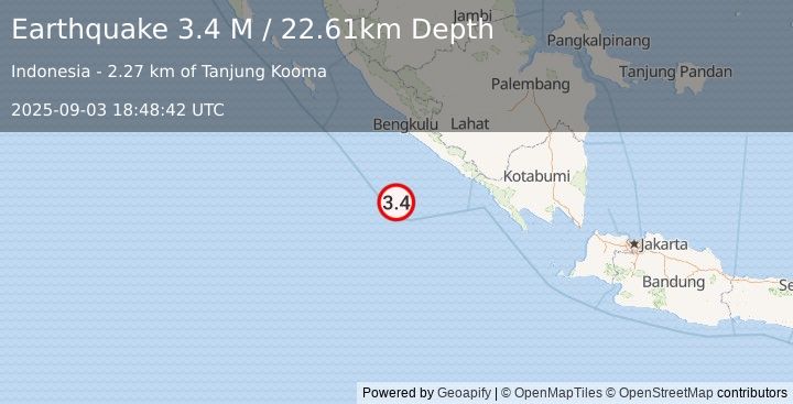 Earthquake Southern Sumatra, Indonesia (3.4 M) (2025-09-03 18:48:42 UTC)