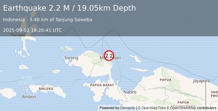 Earthquake West Papua Region, Indonesia (2.2 M) (2025-09-03 19:26:41 UTC)