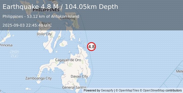 Earthquake Mindanao, Philippines (4.8 M) (2025-09-03 22:45:48 UTC)