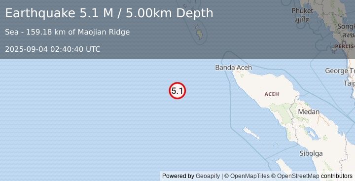 Earthquake Off West Coast of Northern Sumatra (5.1 M) (2025-09-04 02:40:40 UTC)