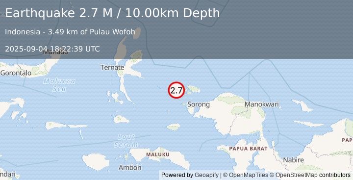 Earthquake West Papua Region, Indonesia (2.7 M) (2025-09-04 18:22:39 UTC)