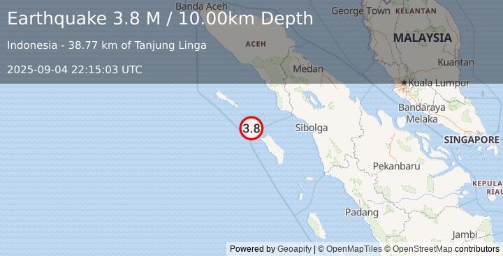 Earthquake Off West Coast of Northern Sumatra (3.8 M) (2025-09-04 22:15:03 UTC)