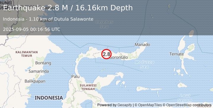 Earthquake Minahassa Peninsula, Sulawesi (2.8 M) (2025-09-05 00:16:56 UTC)