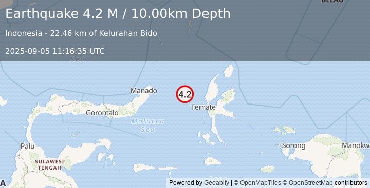 Earthquake Northern Molucca Sea (4.2 M) (2025-09-05 11:16:35 UTC)