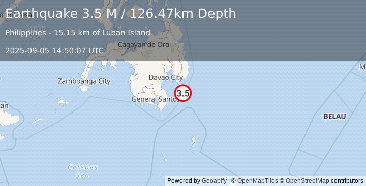 Earthquake Mindanao, Philippines (3.5 M) (2025-09-05 14:50:07 UTC)