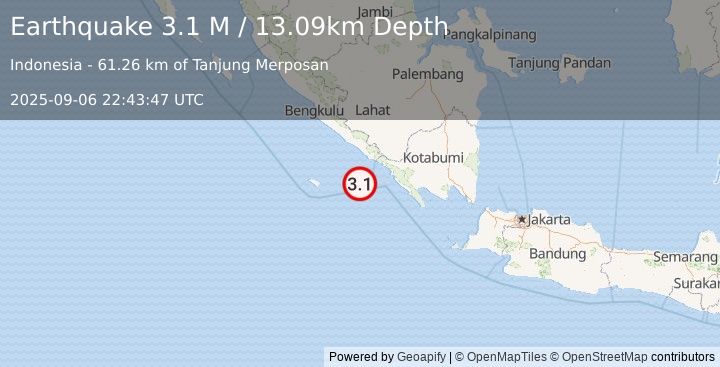 Earthquake Southern Sumatra, Indonesia (3.1 M) (2025-09-06 22:43:47 UTC)