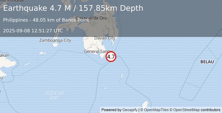 Earthquake Mindanao, Philippines (4.7 M) (2025-09-08 12:51:27 UTC)