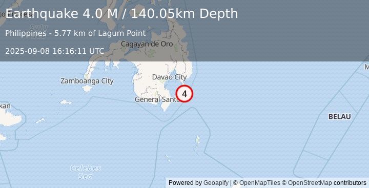 Earthquake Mindanao, Philippines (4.0 M) (2025-09-08 16:16:16 UTC)