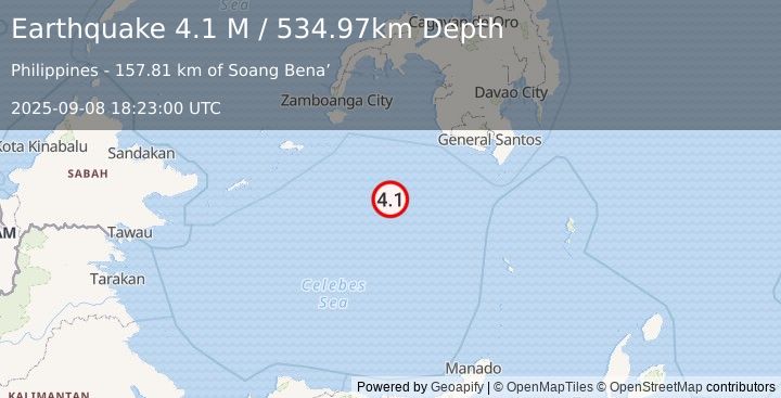 Earthquake Celebes Sea (4.1 M) (2025-09-08 18:23:00 UTC)