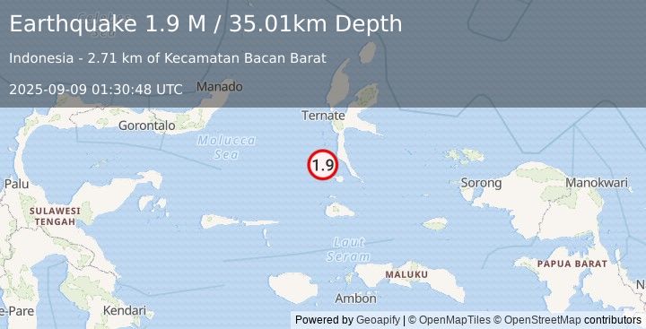Earthquake Halmahera, Indonesia (1.9 M) (2025-09-09 01:30:48 UTC)