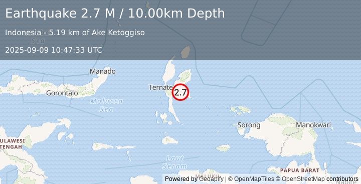 Earthquake Halmahera, Indonesia (2.7 M) (2025-09-09 10:47:33 UTC)