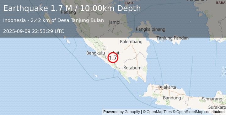 Earthquake Southern Sumatra, Indonesia (1.7 M) (2025-09-09 22:53:29 UTC)