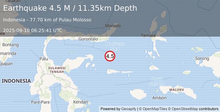 Earthquake Southern Molucca Sea (4.6 M) (2025-09-10 06:25:42 UTC)