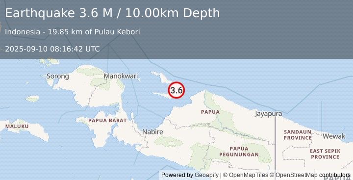 Earthquake West Papua Region, Indonesia (3.6 M) (2025-09-10 08:16:42 UTC)