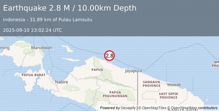 Earthquake Near North Coast of West Papua (2.8 M) (2025-09-10 23:02:24 UTC)