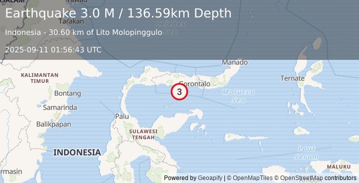 Earthquake Minahassa Peninsula, Sulawesi (3.0 M) (2025-09-11 01:56:43 UTC)