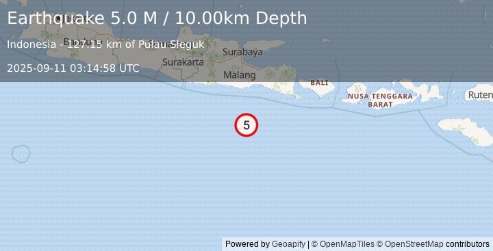 Earthquake South of Java, Indonesia (4.8 M) (2025-09-11 03:15:01 UTC)