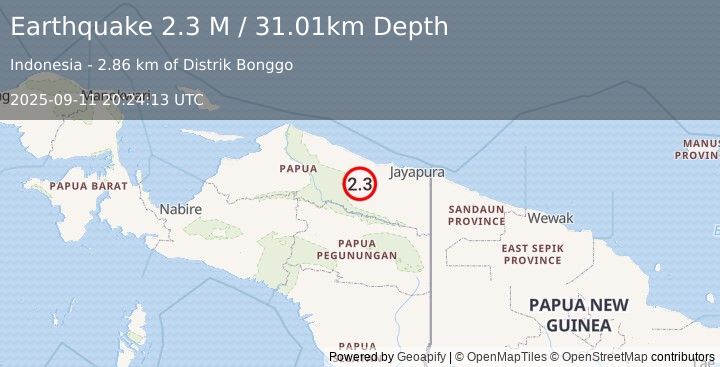 Earthquake Near North Coast of West Papua (2.3 M) (2025-09-11 20:24:13 UTC)